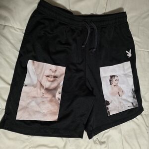 PLAYBOY Black Mesh Shorts with Photo Panels